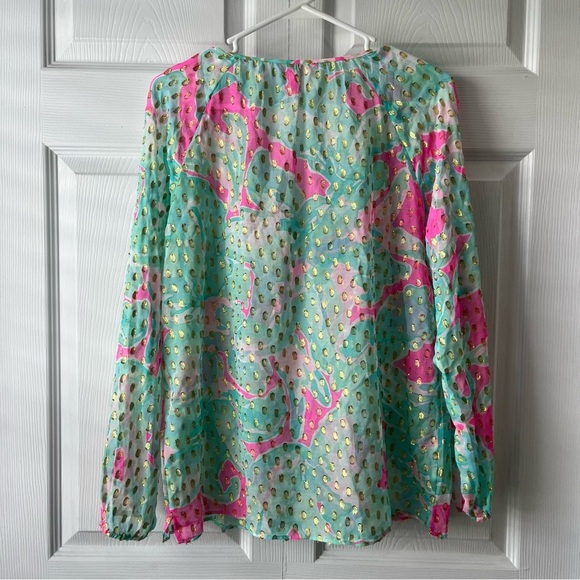 Lilly Pulitzer Rilla Sheer Tropical Pink Sands with Gold Metallic Blouse - Small - Picture 5 of 6
